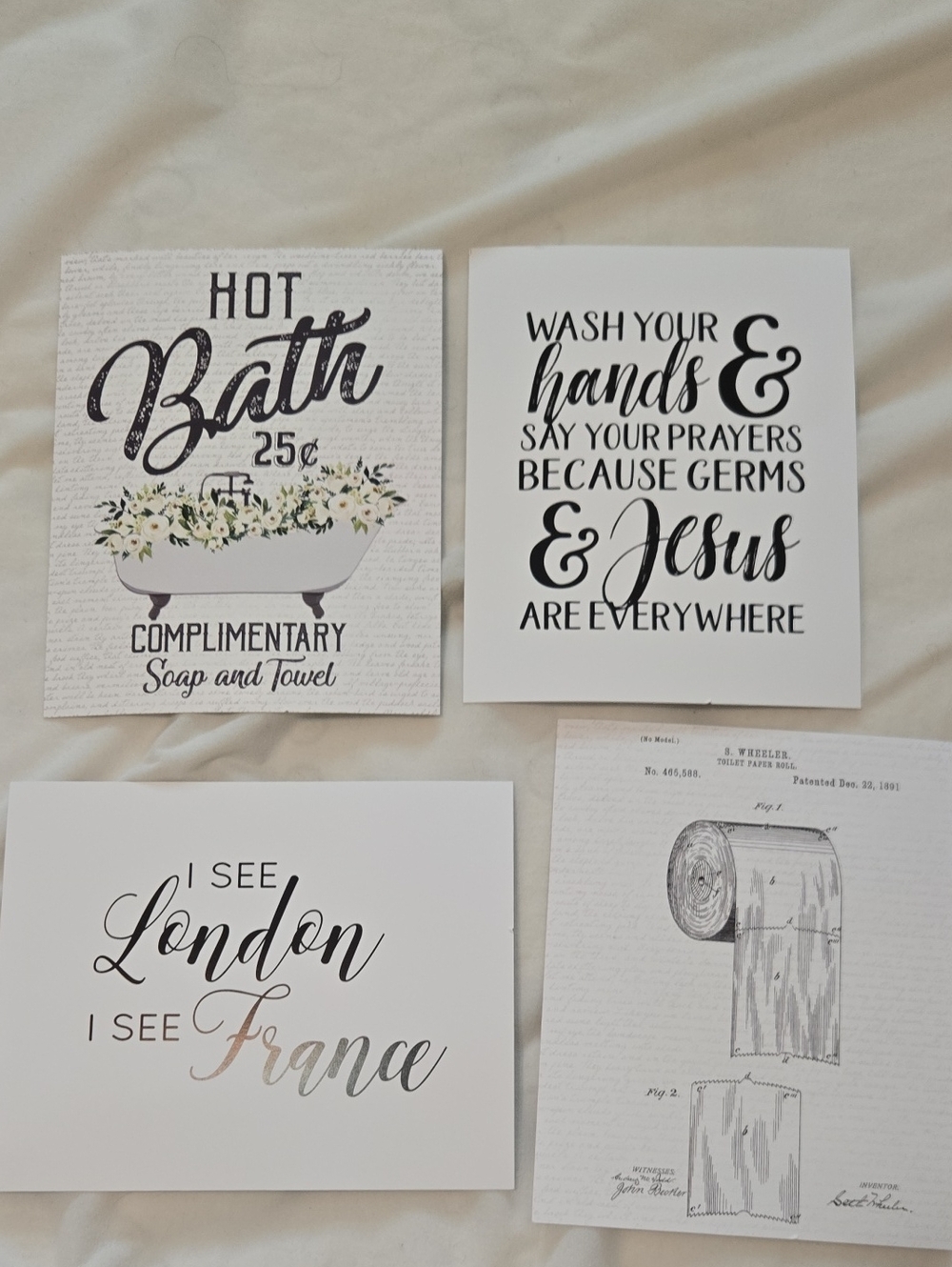 Bathroom Wall Art Set - White and Black Typography Prints